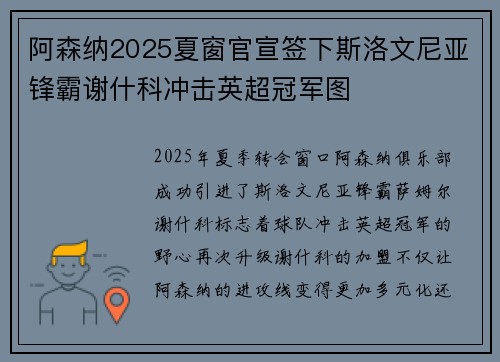 阿森纳2025夏窗官宣签下斯洛文尼亚锋霸谢什科冲击英超冠军图